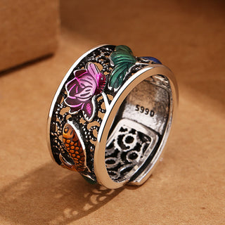 Buddha Gift Copper Blue Enamel Lotus Heart Sutra Koi Fish Luck Ring