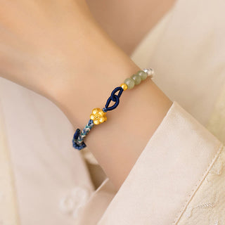 Buddha Gift 925 Sterling Silver Hetian Jade Peach Blossom Flower Pearl Braided Luck Bracelet