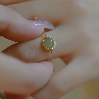 Buddha Gift 14K Gold Plated Round Jade Luck Prosperity Adjustable Ring