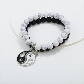 Buddha Gift 2pcs Natural Black Onyx White Turquoise Bead Yin Yang Couple Bracelet