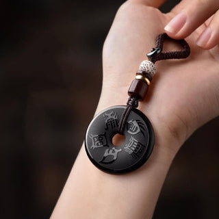 Buddha Gift Black Obsidian Taoism Five Sacred Mountains Carved Strength Peace Buckle Necklace Pendant Key Chain Phone Hanging Decoration