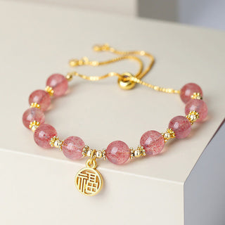 Buddha Gift 14K Gold Plated Natural Strawberry Quartz Fu Character Positive Charm Bracelet
