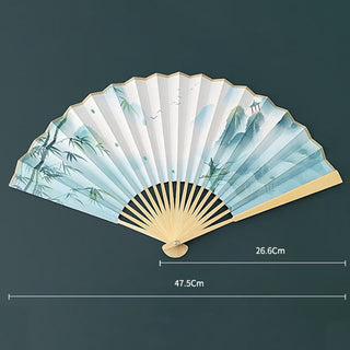 Buddha Gift Retro Lotus Flower Leaf Mountain Lake Handheld Folding Fan With Bamboo Frames