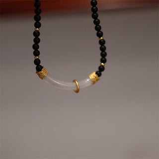 Buddha Gift 925 Sterling Silver Black Onyx Chalcedony Protection Beaded Necklace Pendant