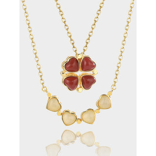 Buddha Gift 925 Sterling Silver Four Leaf Clover White Jade Red Agate Abundance Necklace Pendant