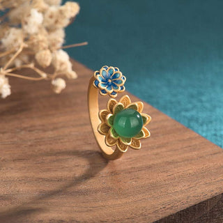 Buddha Gift Lotus Pattern Jade Abundance Adjustable Ring