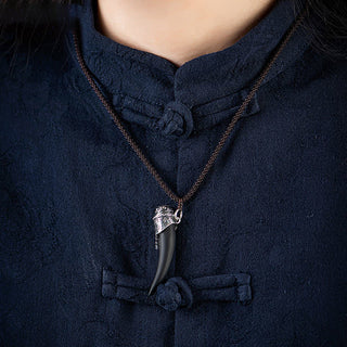 Buddha Gift 925 Sterling Silver Black Obsidian Wolf Tooth Pattern Strength Necklace Pendant