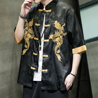 Buddha Gift Frog-Button Chinese Dragon Embroidery Half Sleeve Shirt Linen Men Clothing