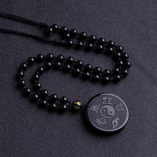 Buddha Gift Natural Black Obsidian Taoism Five Sacred Mountains Nine-Character Mantra Carved Strength Yin Yang Necklace Pendant Key Chain