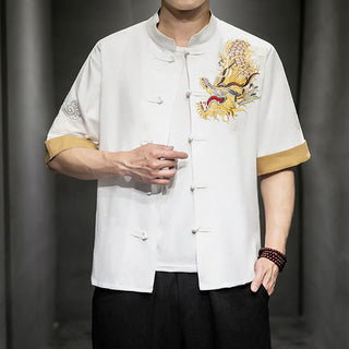 Buddha Gift Frog-Button Chinese Dragon Auspicious Cloud Embroidery Half Sleeve Shirt Cotton Linen Men Clothing