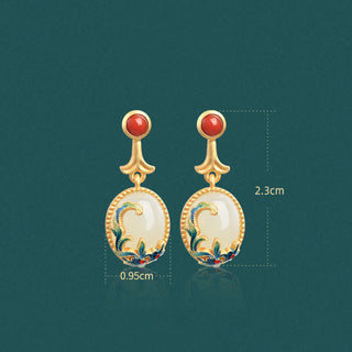 Buddha Gift Vintage Jade Red Agate Abundance Copper Drop Earrings