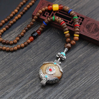 Buddha Gift Tibetan Wenge Wood Bodhi Seed Agate Elephant Protection Necklace Pendant