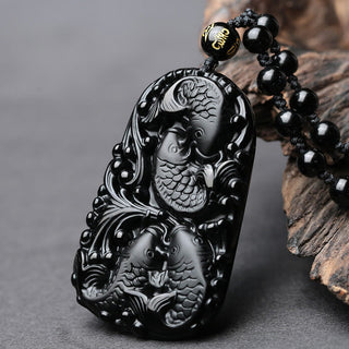Buddha Gift Black Obsidian Koi Fish Engraved Strength Beaded Necklace Pendant