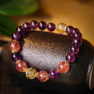 Buddha Gift Natural Citrine Amethyst Rutilated Quartz Prosperity Protection Bracelet
