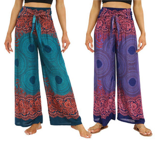 Buddha Gift Bohemian Compass Flower Print Lace-up Wide Leg Pants Women's Yoga Pants
