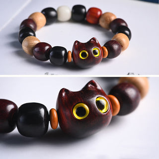 Buddha Gift Small Leaf Red Sandalwood Ebony Wood Cute Cat Engraved Protection Bracelet