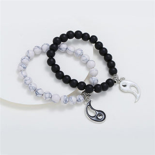 Buddha Gift 2pcs Natural Black Onyx White Turquoise Bead Yin Yang Couple Bracelet
