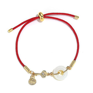 Buddha Gift 18K Gold Plated Hetian Jade Peace Buckle Fu Character Luck Red Rope Bracelet