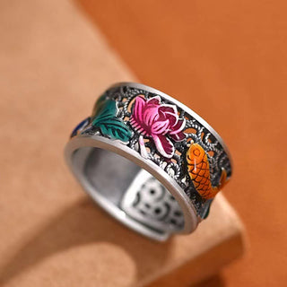 Buddha Gift Copper Blue Enamel Lotus Heart Sutra Koi Fish Luck Ring