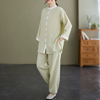 Buddha Gift 2Pcs Vintage Long Sleeve Shirt Top Pants Meditation Zen Tai Chi Cotton Linen Clothing Women's Set