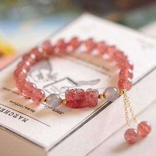 Buddha Gift Natural Strawberry Quartz Moonstone PiXiu Love Healing Bracelet