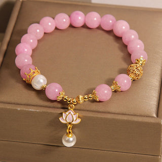 Buddha Gift Pink Jade Pearl Lotus Charm Harmony Bracelet