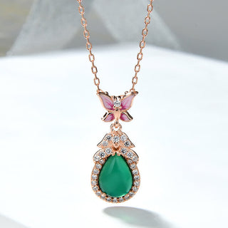 Buddha Gift 925 Sterling Silver Green Chalcedony Butterfly Zircon Courage Necklace Pendant