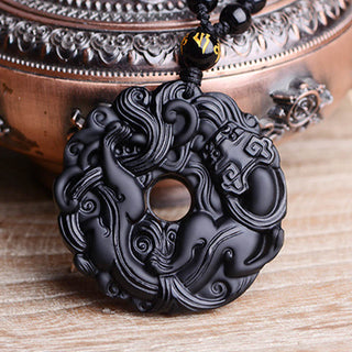 Buddha Gift Natural Black Obsidian Peace Buckle Pixiu Purification Necklace Pendant