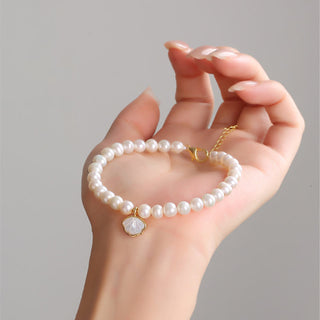 Buddha Gift 14K Gold Plated Natural Pearl Crystal Shell Charm Bead Bracelet