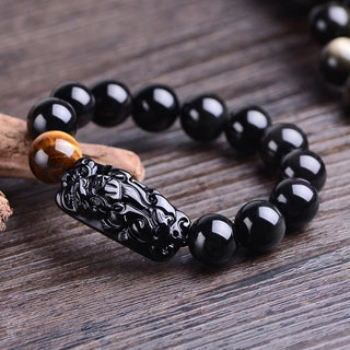 Buddha Gift Natural Black Obsidian PiXiu Tiger's Eye Strength Bracelet