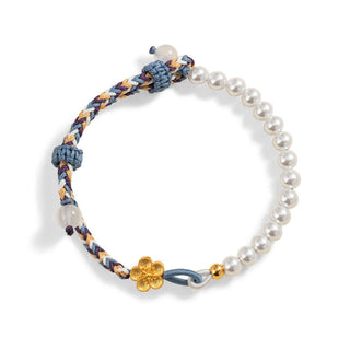 Buddha Gift 925 Sterling Silver Peach Blossom Pearl Chalcedony Healing Rope Bracelet