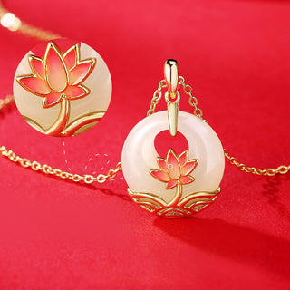 Buddha Gift 925 Sterling Silver Hetian White Jade Lotus Flower Blessing Necklace Pendant