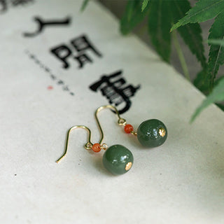Buddha Gift 925 Sterling Silver 14K Gold Plated Hetian Jade Red Agate Luck Drop Dangle Earrings