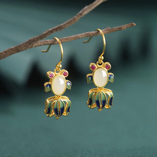 Buddha Gift 925 Sterling Silver Hetian White Jade Red Agate Cute Fish Happiness Drop Earrings