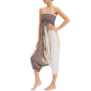 Buddha Gift Two Style Wear Peacock Feather Loose Smocked Harem Trousers Jumpsuit High Waist Pants