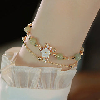 Buddha Gift 14K Gold Plated Jade Butterfly Tridacna Stone Flower Double Layer Luck Bracelet