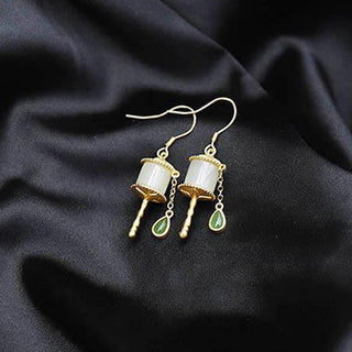 Buddha Gift 925 Sterling Silver Jade Prayer Wheel Luck Drop Earrings