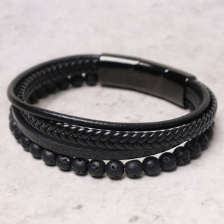 Buddha Gift Natural Lava Rock Black Onyx Bead Leather Bracelet