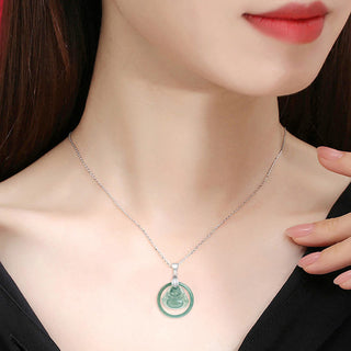 Buddha Gift 925 Sterling Silver Natural Jade Round Laughing Buddha Abundance Chain Necklace Pendant