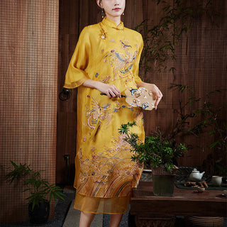 Buddha Gift 100% Mulberry Silk Organza Dress Embroidered Yellow Phoenix Qipao Cheongsam Dress