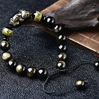 Buddha Gift Natural Gold Sheen Obsidian PiXiu Om Mani Padme Hum Wealth Braided Bracelet