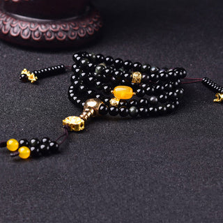 Buddha Gift 108 Beads Natural Black Obsidian Lotus Fulfilment Mala Bracelet