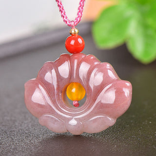 Buddha GiftPink Golden Silk Jade Lotus Flower Wealth Necklace Pendant