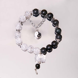 Buddha Gift Silver Sheen Obsidian Crackle Clear Quartz Black Rutilated Quartz Yin Yang Lotus Protection Bracelet