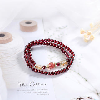 Buddha Gift 14K Gold Plated Natural Garnet Strawberry Quartz Butterfly Protection Double Wrap Bracelet