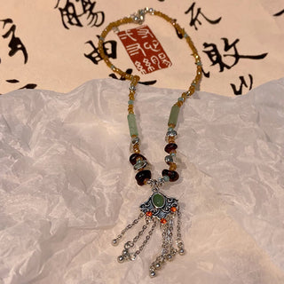 Buddha Gift Tibetan Crystal Stone Copper Luck Tassel Necklace Pendant