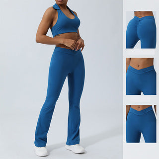 Buddha Gift 2Pcs Workout Sleeveless Backless Top Shorts Flared Pants Sports Fitness Yoga Outfit Set