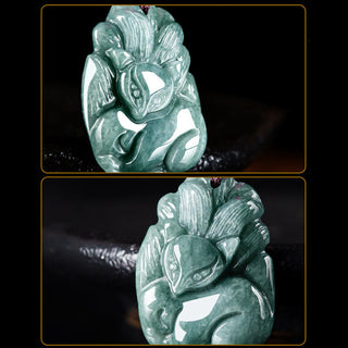 Buddha Gift Natural Green Jade Nine Tailed Fox Engraved Prosperity Necklace Pendant