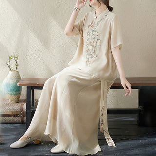 Buddha Gift 2Pcs Flower Embroidery Short Sleeve Tee T-shirt Wide Leg Pants Set