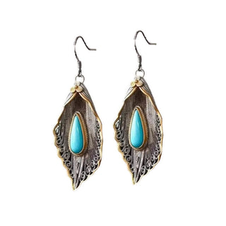 Buddha Gift 925 Sterling Silver Turquoise Bodhi Leaf Pattern Protection Drop Dangle Earrings